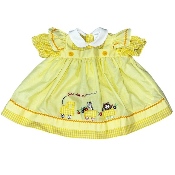 Vintage Choo-Choo Train Zoo Animals 6-9 Months Yellow Dress - Picture 1 of 8